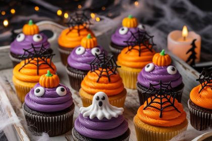 A colorful assortment of Halloween cupcakes decorated with spooky themes like ghosts, pumpkins, and bats