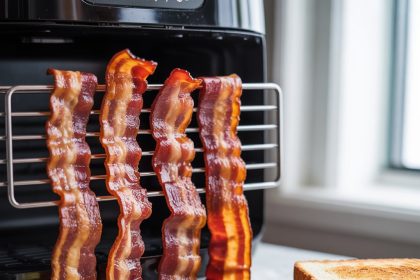 Plate full of air fryer bacon crispy with golden, crunchy strips ready to serve