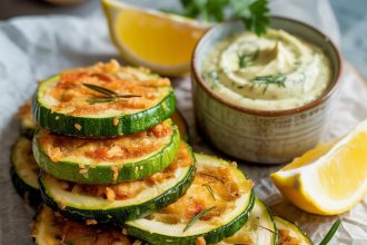 A plate of crispy and golden air fryer zucchini slices served with dipping sauce