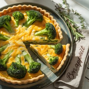Slice of homemade broccoli cheddar quiche on a plate with a fork
