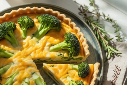 Slice of homemade broccoli cheddar quiche on a plate with a fork