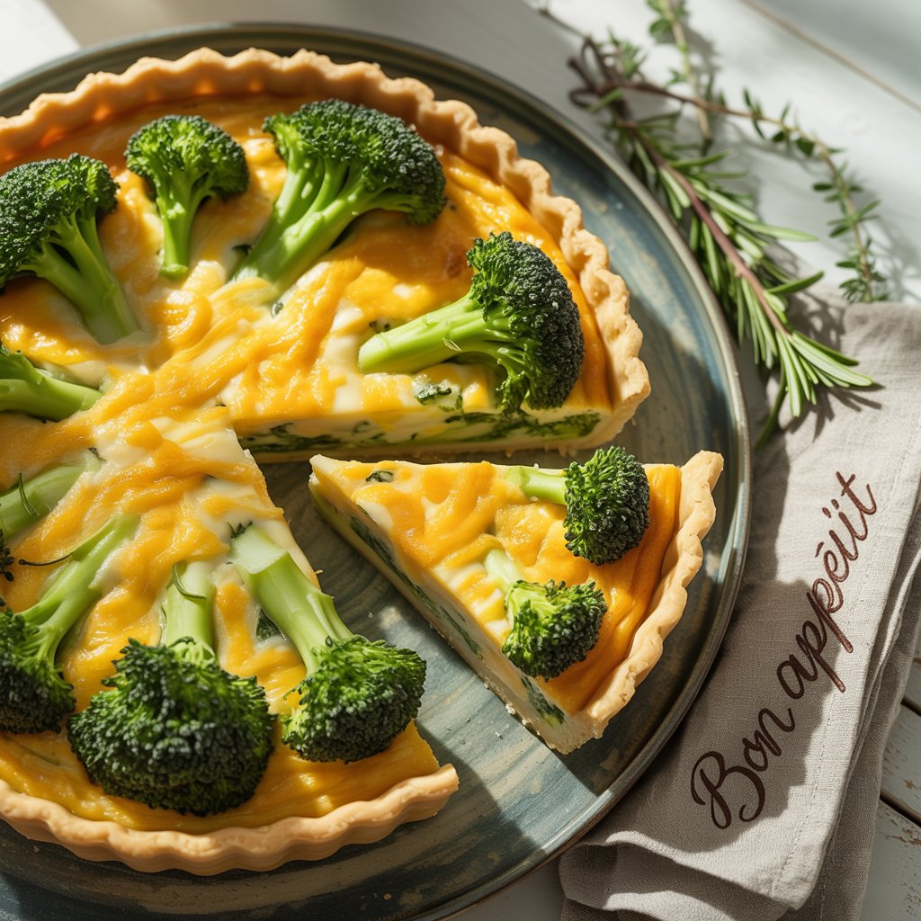Slice of homemade broccoli cheddar quiche on a plate with a fork