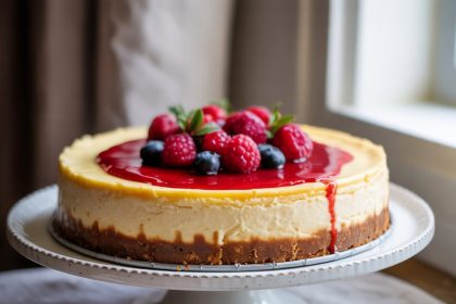 A slice of classic cheesecake topped with fresh strawberries on a white plate