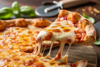 A hot, gooey slice of cheesy pizza with melted cheese stretching from the slice