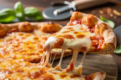 A hot, gooey slice of cheesy pizza with melted cheese stretching from the slice