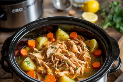 A bowl filled with savory chicken crockpot recipes including vegetables and herbs, ready to be served.