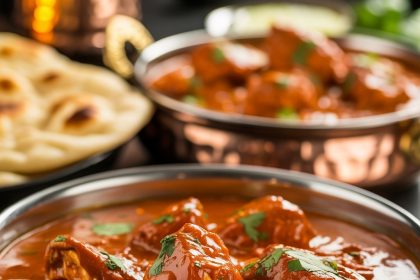 A bowl of creamy chicken tikka masala served with rice and naan