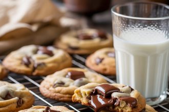 Freshly baked chocolate chip cookies cooling on a baking rack