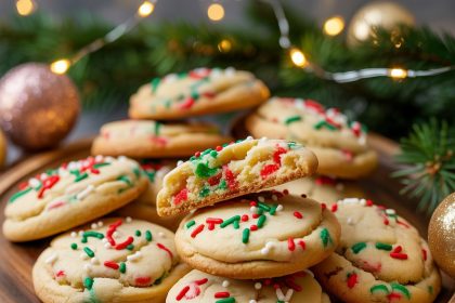 Plate of festive Christmas sprinkle cookies with red, green, and white sprinkles
