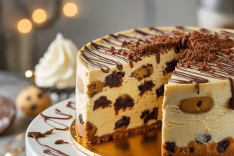 Slice of cookie dough cheesecake topped with chocolate chips on a white plate
