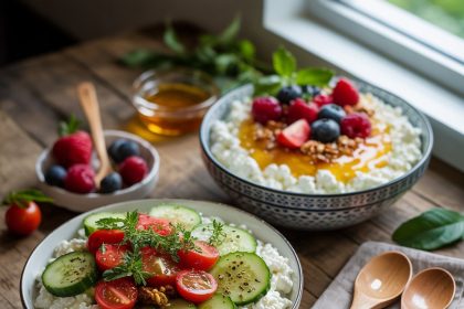 A variety of cottage cheese recipes including salads, pancakes, and desserts displayed on a rustic kitchen table