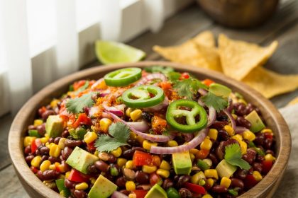 A bowl of colorful cowboy caviar made with beans, corn, tomatoes, and peppers, served with tortilla chips