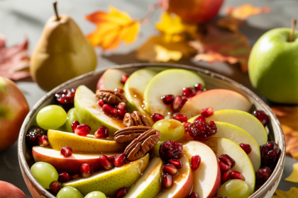 A colorful bowl of fall fruit salad with apples, pears, pomegranate seeds, and grapes on a rustic wooden table