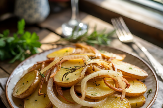 A skillet filled with golden brown fried potatoes and onions cooking on the stove