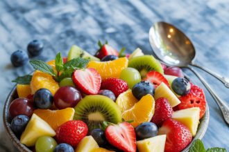 A colorful bowl of fresh fruit salad with strawberries, blueberries, and kiwi