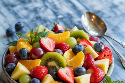 A colorful bowl of fresh fruit salad with strawberries, blueberries, and kiwi