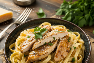 A bowl of creamy garlic parmesan chicken pasta garnished with parsley and served on a rustic wooden table