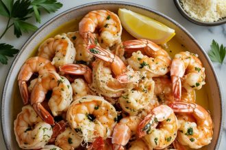 Garlic parmesan shrimp served on a white plate with herbs and lemon slices
