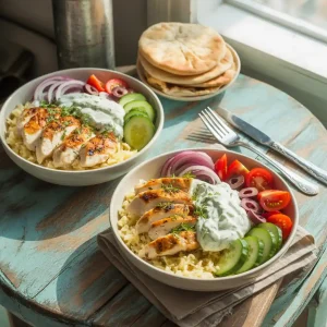 A vibrant bowl filled with Greek chicken, rice, fresh vegetables, and tzatziki sauce, showcasing a delicious Greek chicken bowls recipe