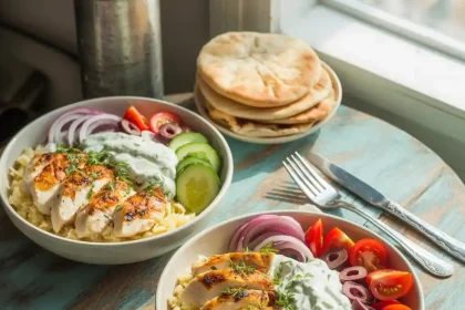 A vibrant bowl filled with Greek chicken, rice, fresh vegetables, and tzatziki sauce, showcasing a delicious Greek chicken bowls recipe