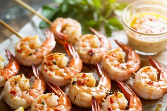 Perfectly cooked grilled shrimp on skewers with herbs and lemon wedges