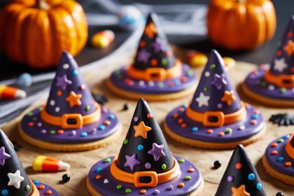 A classic halloween witch hat with a tall pointed crown and wide brim, perfect for a spooky costume.