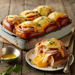 Freshly baked ham and cheese Hawaiian rolls on a tray, golden brown and ready to serve