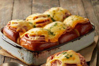 Freshly baked ham and cheese Hawaiian rolls on a tray, golden brown and ready to serve