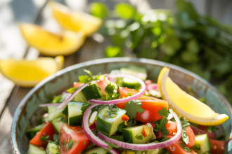 Freshly prepared kachumber salad with cucumbers, tomatoes, onions and herbs in a bowl
