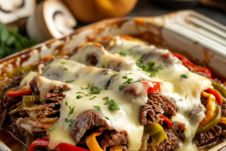 Hot and cheesy keto philly cheesesteak casserole fresh out of the oven in a white baking dish