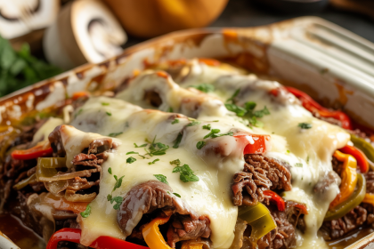 Hot and cheesy keto philly cheesesteak casserole fresh out of the oven in a white baking dish