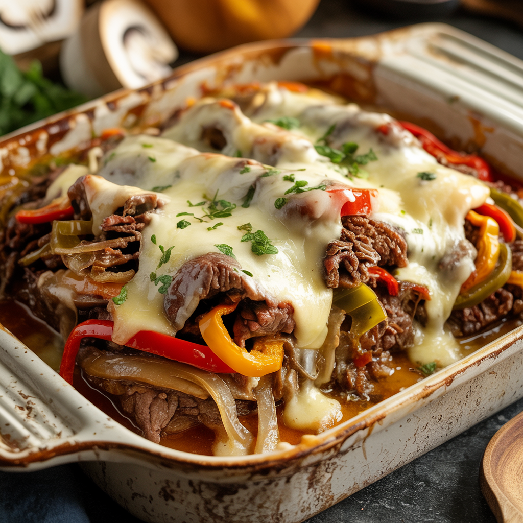 Hot and cheesy keto philly cheesesteak casserole fresh out of the oven in a white baking dish