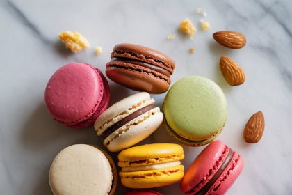Colorful macarons prepared from a macaron recipe displayed on a white plate