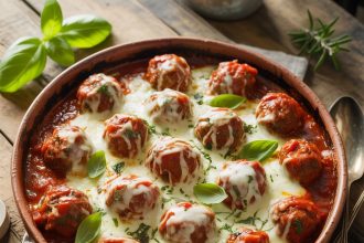 Freshly baked meatball bake in a casserole dish topped with melted cheese and herbs