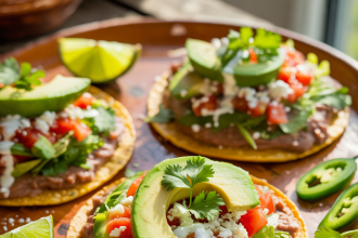 An overhead view of traditional Mexican tostadas topped with beans, lettuce, tomato, cheese, and avocado on a colorful plate