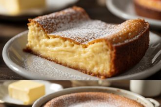 Close-up image of a freshly baked ooey gooey butter cake with golden crust and creamy center