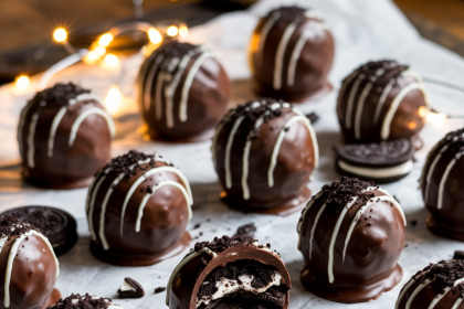Plate of chocolate-covered oreo balls with crushed Oreo topping