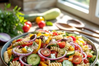 A bowl filled with colorful vegetables and pasta highlighting one of the best pasta salad recipes