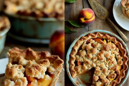Freshly baked peach crumble pie topped with golden brown crumbles on a rustic wooden table