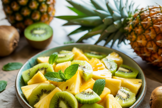 A bowl of fresh pineapple kiwi salad with mint leaves on top