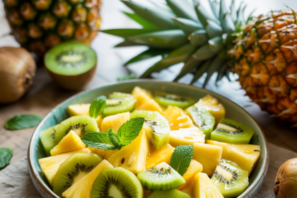 A bowl of fresh pineapple kiwi salad with mint leaves on top