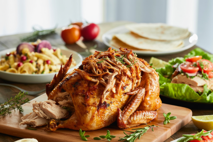 A plate of mouthwatering rotisserie chicken recipes with herbs and sides