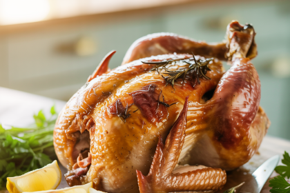 Juicy, golden-brown rotisserie chicken resting on a cutting board, ready to be carved