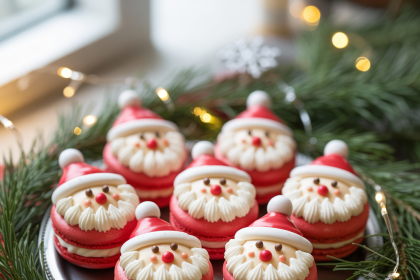 Plate of festive Santa macarons decorated with red hats and white beards, perfect for Christmas dessert