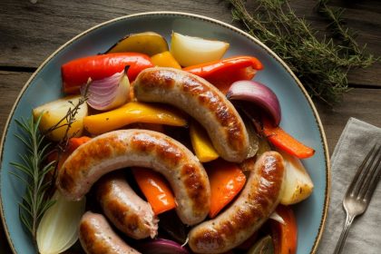 A variety of sausage recipes displayed on a rustic wooden table, including grilled, fried, and baked sausage dishes.