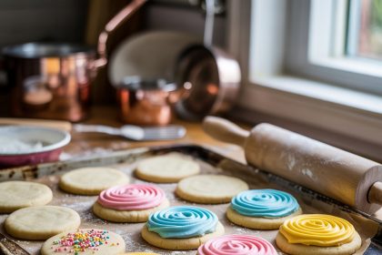 Freshly baked sugar cookies decorated with colorful icing and sprinkles