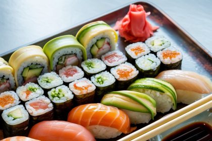 Homemade sushi rolls on a plate, made using a simple sushi recipe