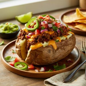 A plate of crispy taco potatoes topped with ground beef, cheese, sour cream, and green onions.