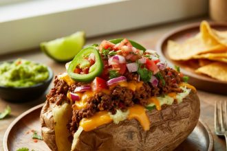 A plate of crispy taco potatoes topped with ground beef, cheese, sour cream, and green onions.