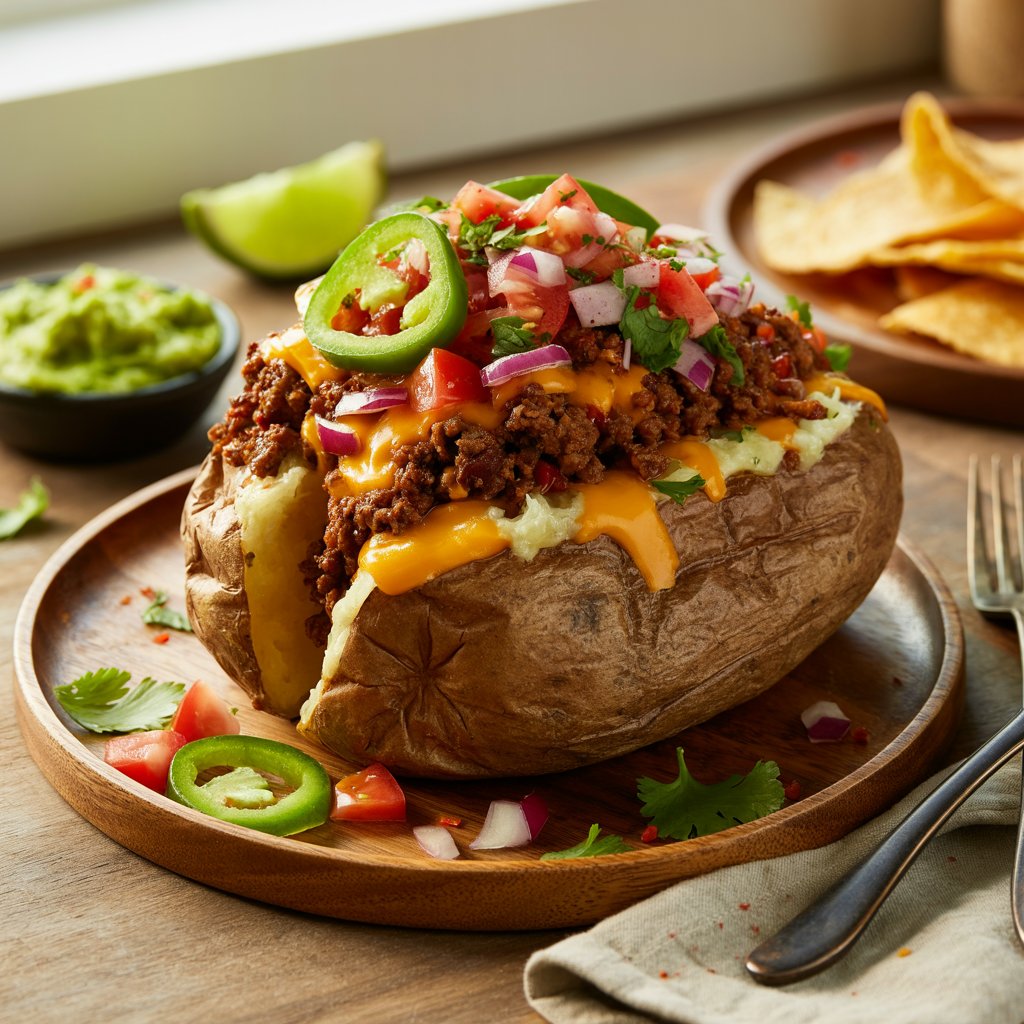 A plate of crispy taco potatoes topped with ground beef, cheese, sour cream, and green onions.